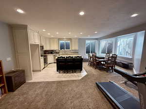 Kitchen featuring stainless steel appliances, recessed lighting, light carpet, light countertops, and a center island