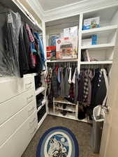 closet for basement bedroom 1-Spacious closet featuring built in drawers and custom shelving