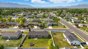 Aerial perspective of suburban area with mountains