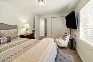 Bedroom featuring carpet, a closet, multiple windows, and baseboards