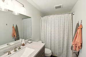 Bathroom featuring toilet, vanity, a textured ceiling, and a shower with curtain