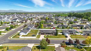 Aerial perspective of suburban area featuring mountains