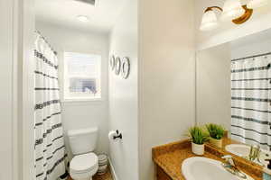 Bathroom featuring toilet, vanity, baseboards, and a shower with shower curtain