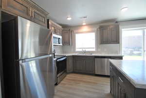 Kitchen featuring appliances with stainless steel finishes, a sink, light wood-type flooring, and recessed lighting
