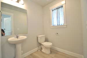 Bathroom with baseboards, wood finished floors, toilet, and a sink