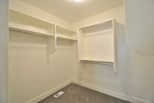Walk in closet with light colored carpet off of the main bedroom