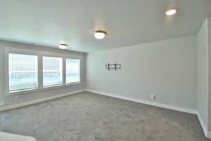 Living Room room with light carpet and baseboards, a wall mounted tv and plenty of natural light.