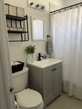 Full bathroom with vanity and a shower with curtain