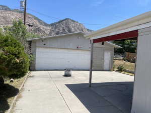 Detached garage with a mountain view