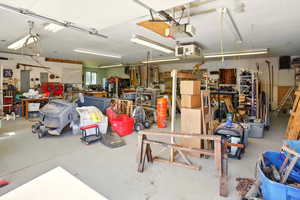 Garage featuring a workshop area, a garage door opener, and electric panel