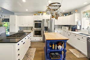 Kitchen featuring stainless steel appliances, wooden counters, a sink, a center island, and healthy amount of natural light