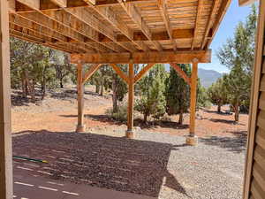 View of patio featuring a mountain view