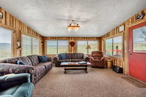 Carpeted living area with wood walls, a textured ceiling, and a chandelier