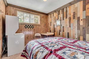 Bedroom featuring wooden walls and carpet