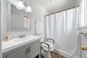 Bathroom with toilet, wood finished floors, vanity, a shower with shower curtain, and vaulted ceiling