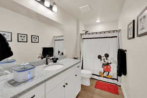 Bathroom featuring wood finished floors, vanity, toilet, and curtained shower
