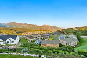 Aerial view of residential area with mountains