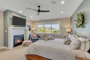 Primary bedroom with gas fireplace and sono speaker installed.