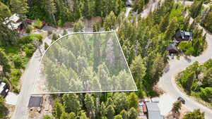 Aerial view of property and surrounding area featuring property boundaries highlighted