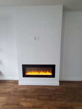 Detailed view of a glass covered fireplace, baseboards, and wood finished floors