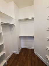 Spacious closet with dark wood-style floors