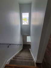 Stairs with plenty of natural light, baseboards, and wood finished floors