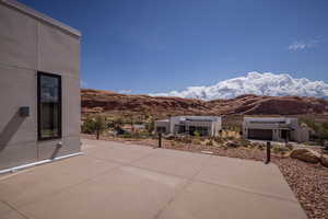 View of patio with a mountain view