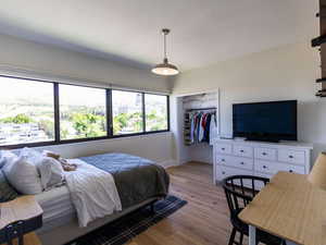 Bedroom with light wood-style flooring, baseboards, and a closet
