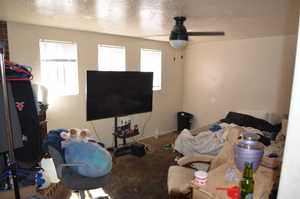 Carpeted living area featuring a textured ceiling and a ceiling fan