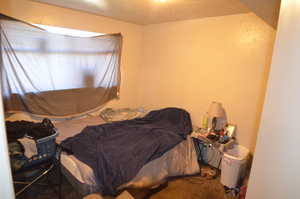 Carpeted bedroom featuring a textured ceiling