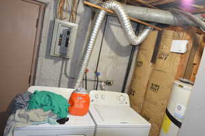 Washroom featuring separate washer and dryer, electric panel, and water heater