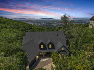Aerial view at dusk of a mountain view
