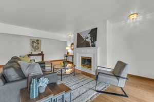 Living room featuring wood finished floors, baseboards, and a fireplace