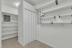Walk in closet featuring electric panel and light colored carpet