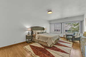 Bedroom featuring wood-type flooring, baseboards, and a textured ceiling