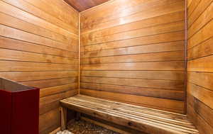 Sauna featuring wood walls