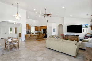 Gathering area with lofted ceilngs.