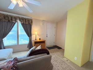 Bright  living room and front door.