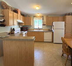 Kitchen featuring white appliances, under cabinet range hood, a sink, light flooring, and a peninsula