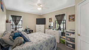 Bedroom 1 with multiple windows, ornamental molding, carpet, and a ceiling fan