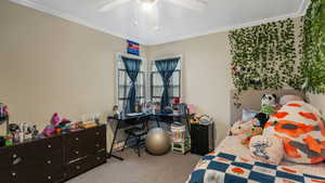 Bedroom 3 with carpet flooring, ornamental molding, and a ceiling fan