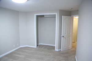 Unfurnished bedroom featuring carpet floors, baseboards, and a closet