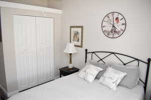 Bedroom with a closet, baseboards, and carpet