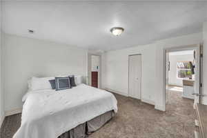 Carpeted bedroom with baseboards and a closet