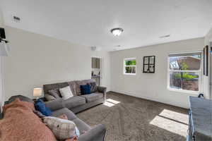 Carpeted living room with baseboards