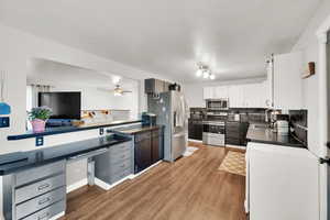 Kitchen featuring stainless steel appliances, dark countertops, a sink, light wood-type flooring, and tasteful backsplash
