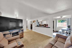 Living area featuring carpet, a textured ceiling, baseboards, and a ceiling fan