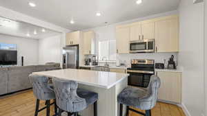 Kitchen featuring appliances with stainless steel finishes, a kitchen breakfast bar, a sink, open floor plan, and recessed lighting