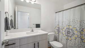 Full bathroom featuring toilet, vanity, and a shower with curtain