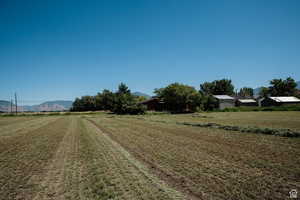View of green lawn with a view of rural / pastoral area and a mountain view